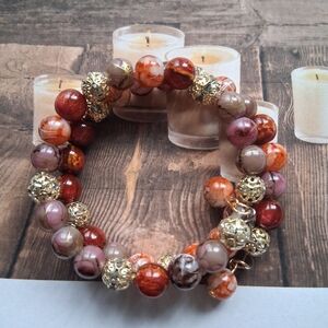Gold Accent Orange & Pink Beaded Coil Bracelet